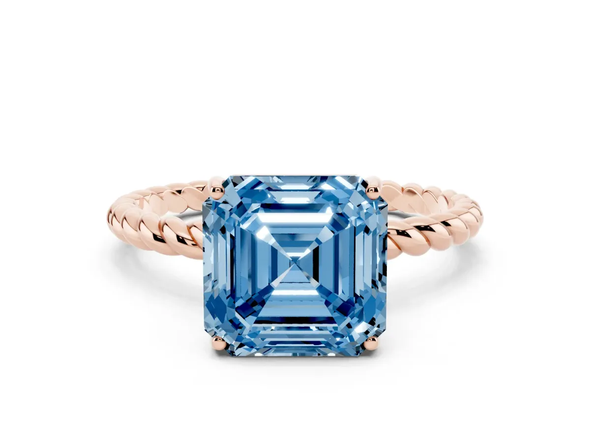 Fancy Blue Asscher Cut Solitaire Twisted Band 4-Prong Ring Rose gold