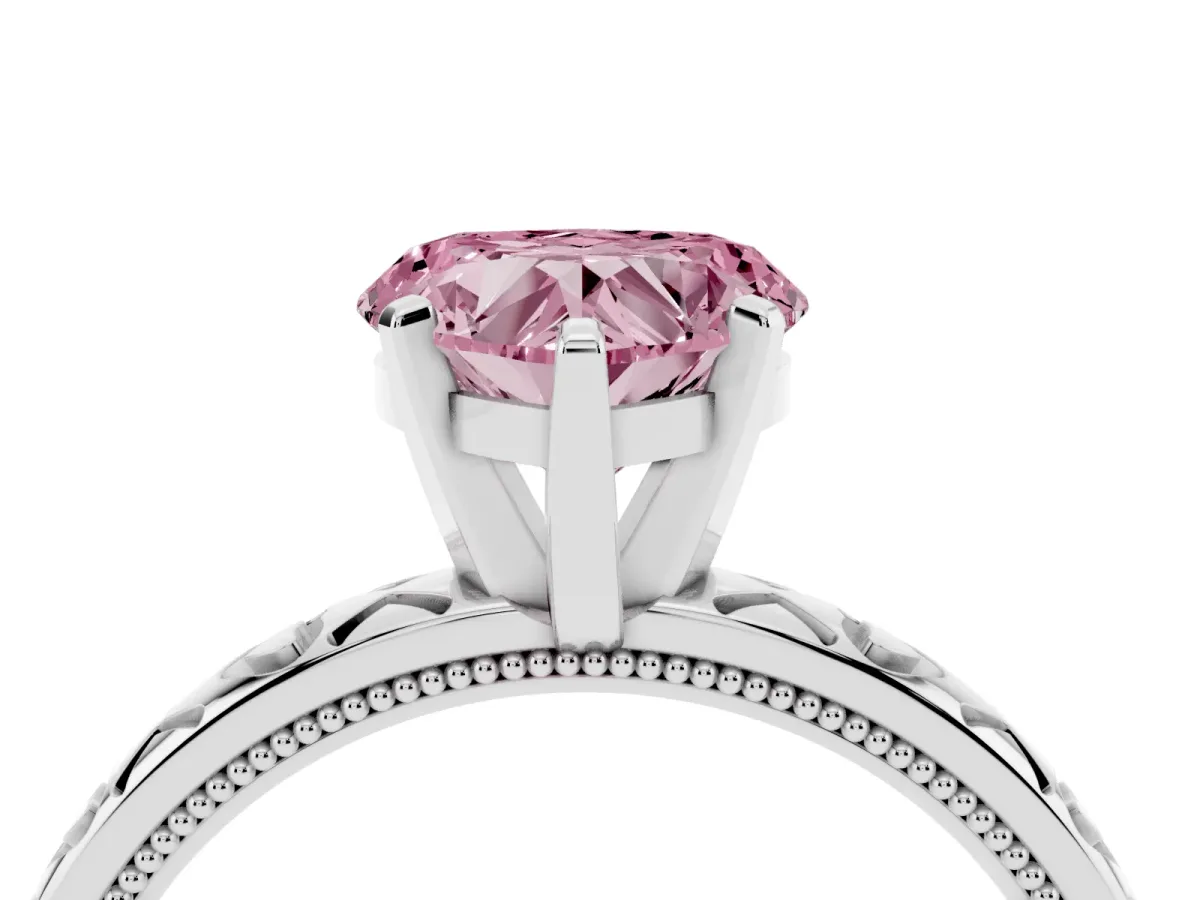Fancy Pink Heart Cut Solitaire Diamond Engagement Ring with XO Engraved Band and Four-Prong Setting White gold