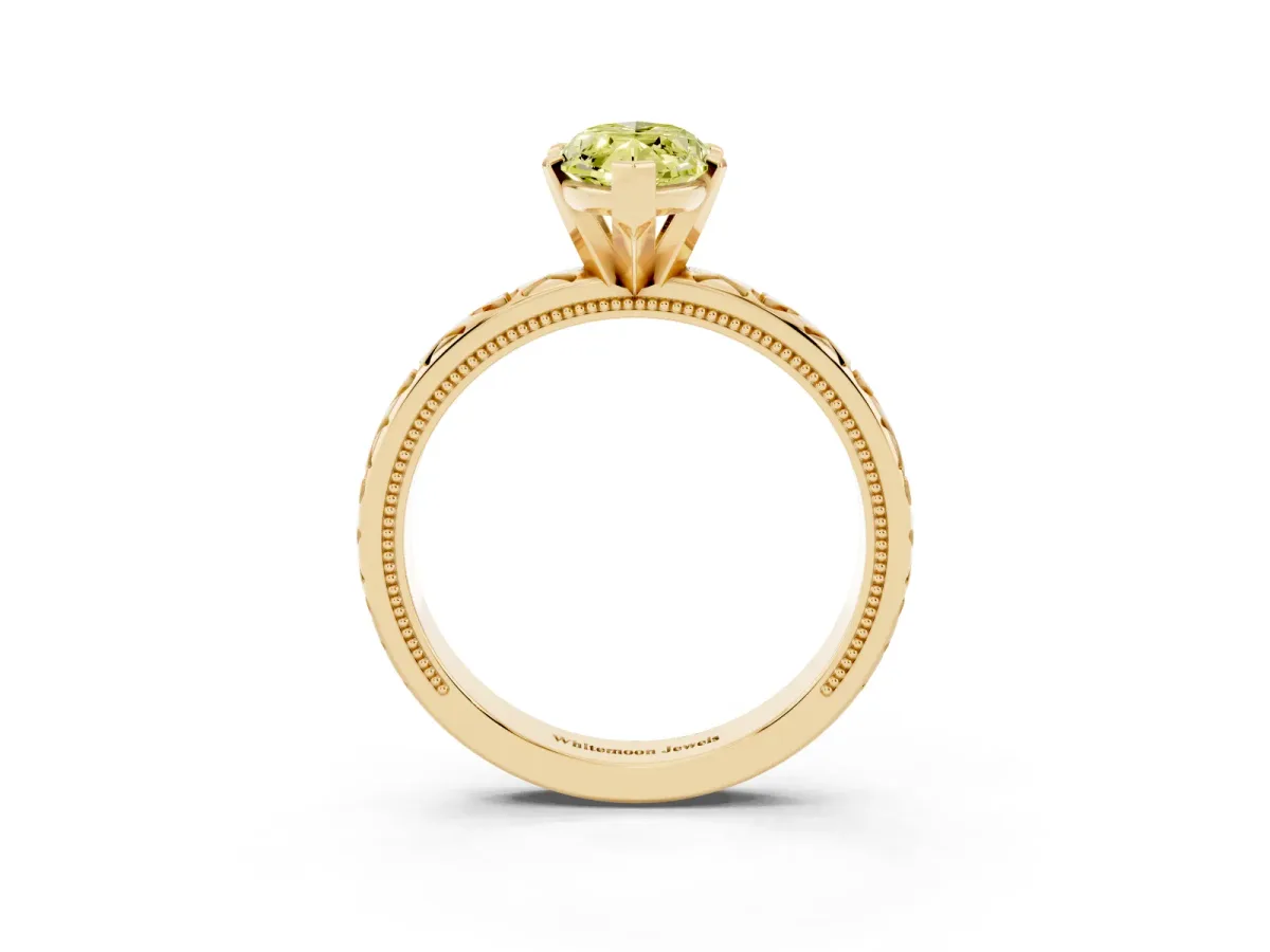 Fancy Yellow Marquise Cut Solitaire Diamond Engagement Ring with XO Engraved Band and Four-Prong Setting Yellow gold