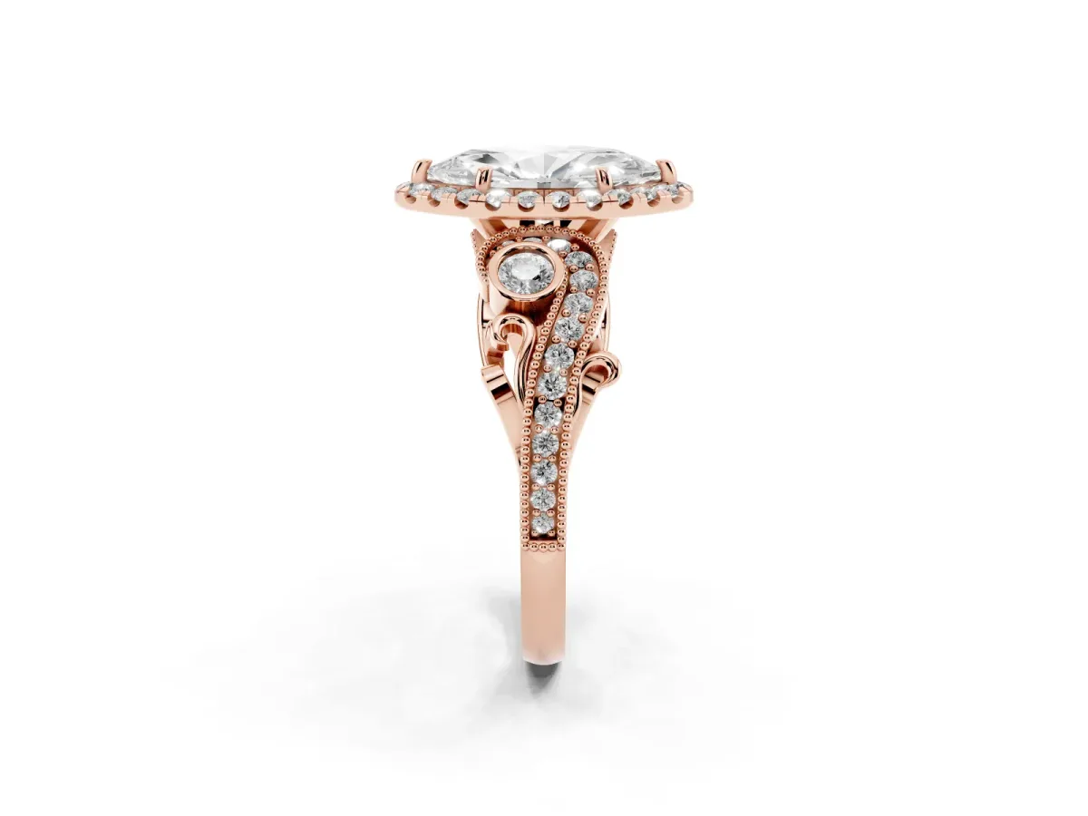 Marquise Cut Diamond Halo Ring with Milgrain Pavé Band and Four-Prong Setting Rose gold