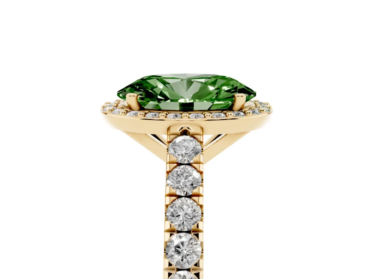 Fancy Green Oval Cut Cut Halo Diamond Engagement Ring with Pave Band and Four-Prong Setting Yellow gold