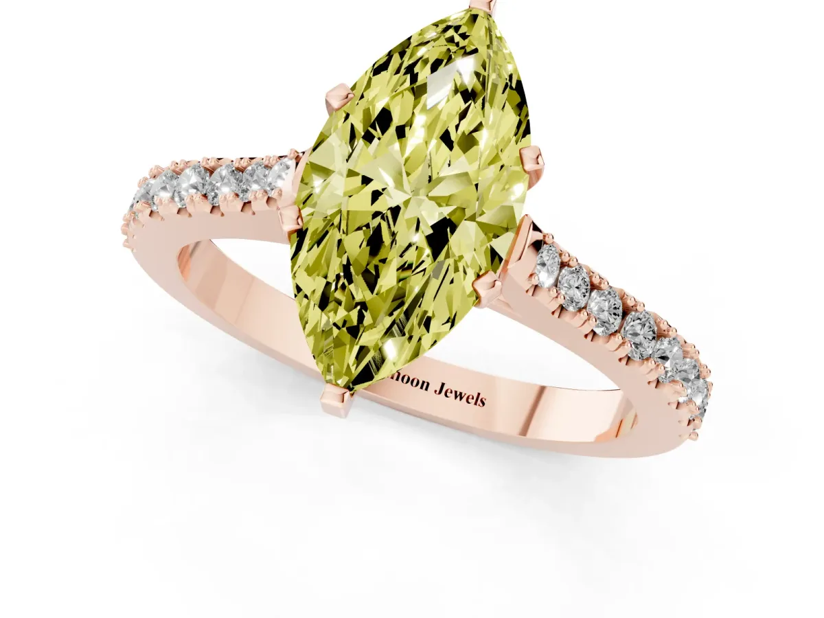 Fancy Yellow Marquise Cut Cut Solitaire Diamond Engagement Ring with Pave Band and Four-Prong Setting Rose gold