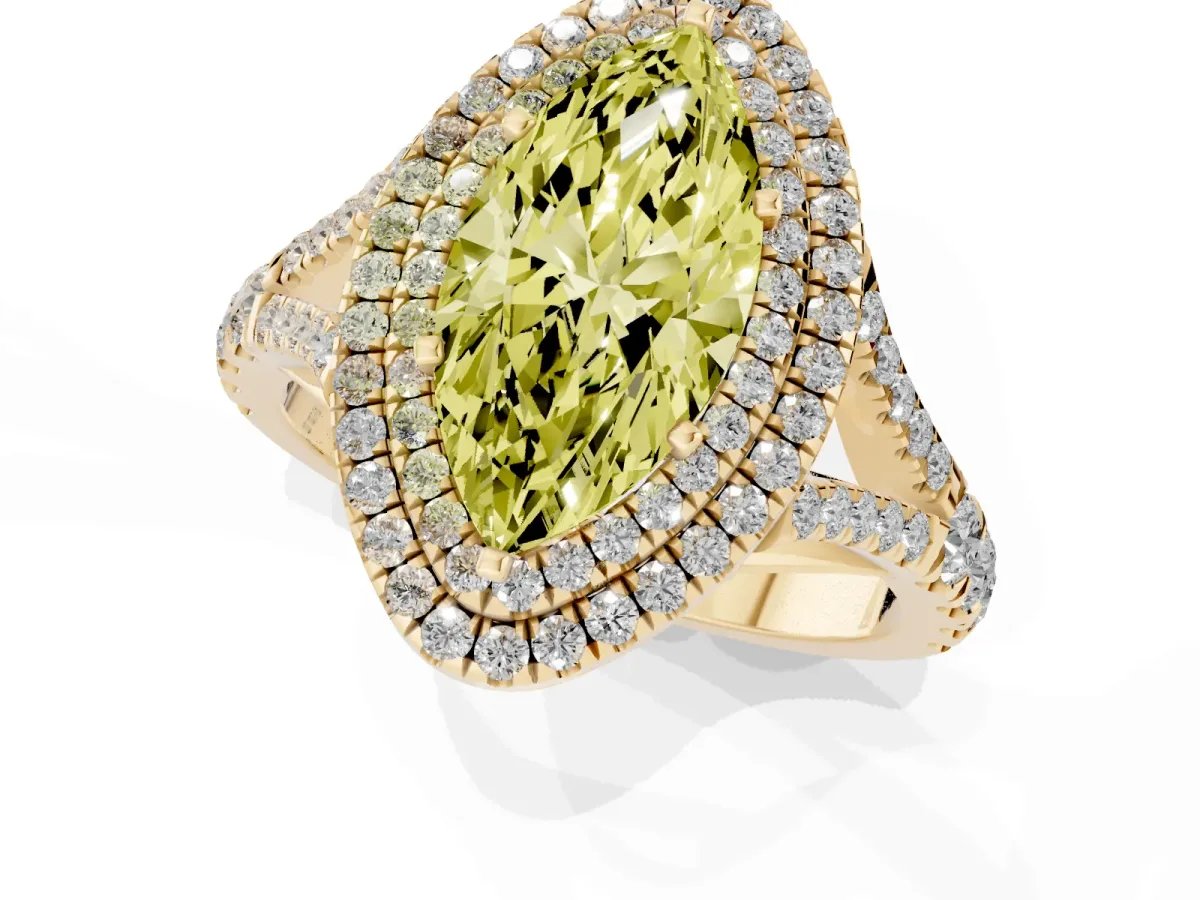 Fancy Yellow Double Halo Marquise Cut Diamond Split Shank Engagement Ring with Four-Prong Setting Yellow gold