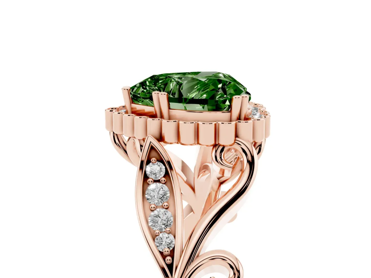 Fancy Green Heart Cut Diamond Halo Ring with Vintage Split Shank and Four-Prong Setting Rose gold