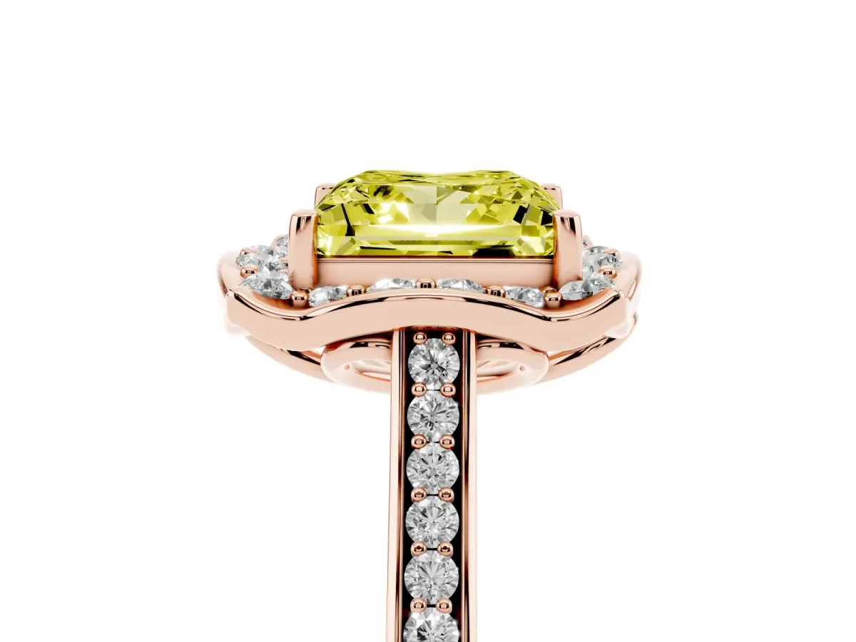 Fancy Yellow Princess Cut Halo Round Diamond Pave Band with Four-Prong Setting Rose gold