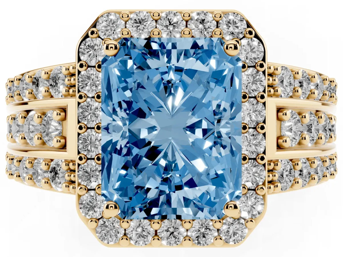 Fancy Blue Radiant Cut Halo Diamond Ring with Round Split Shank and Prong Setting Yellow gold