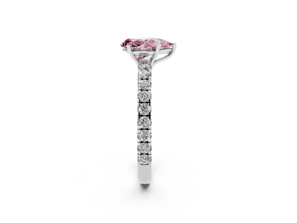 Fancy Pink Pear Cut Diamond Pavé Solitaire Engagement Ring with Four-Prong Setting Platinum