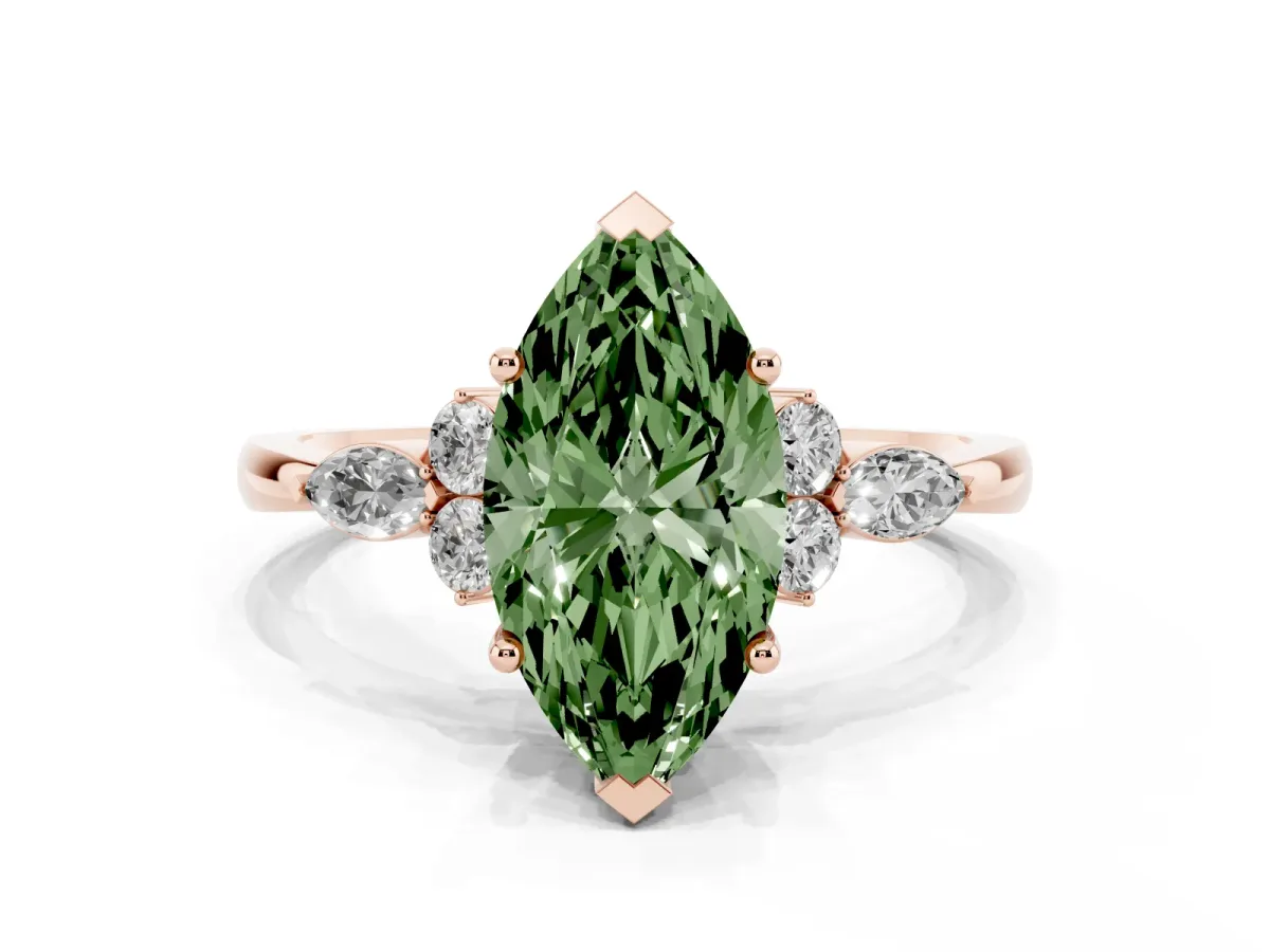 Fancy Green Marquise Cut Brilliant Diamond Solitaire Ring with Pear Side Stones and Four-Prong Setting Rose gold