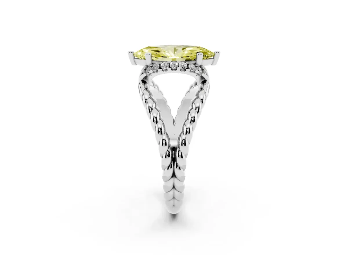 Fancy Yellow Marquise Cut Halo Twisted Band Four-Prong Ring Platinum