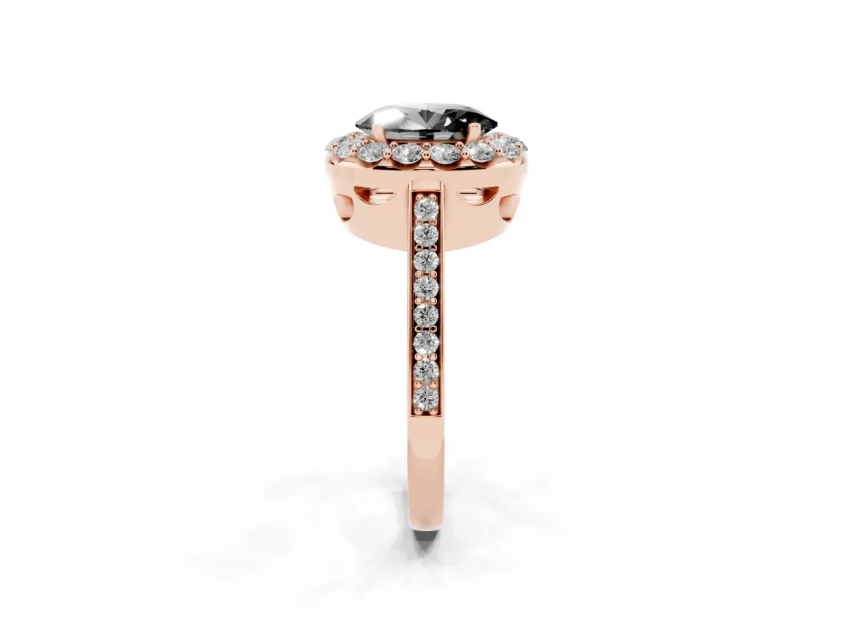Fancy Black Oval Cut Diamond Floral Halo Ring with Pavé Band and Prong Setting Rose gold