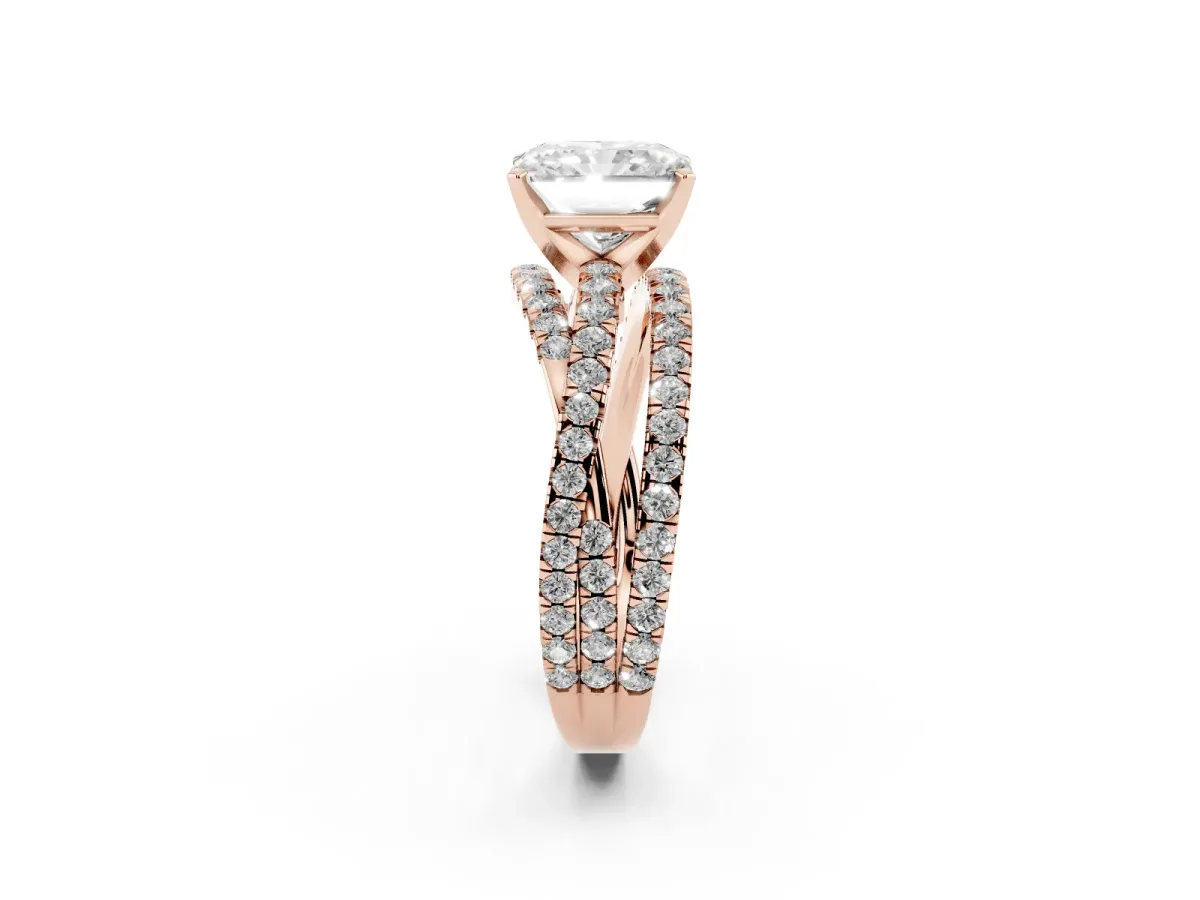 Radiant Cut Solitaire Twist Band with Pavé Setting and Four-Prong Setting Rose gold