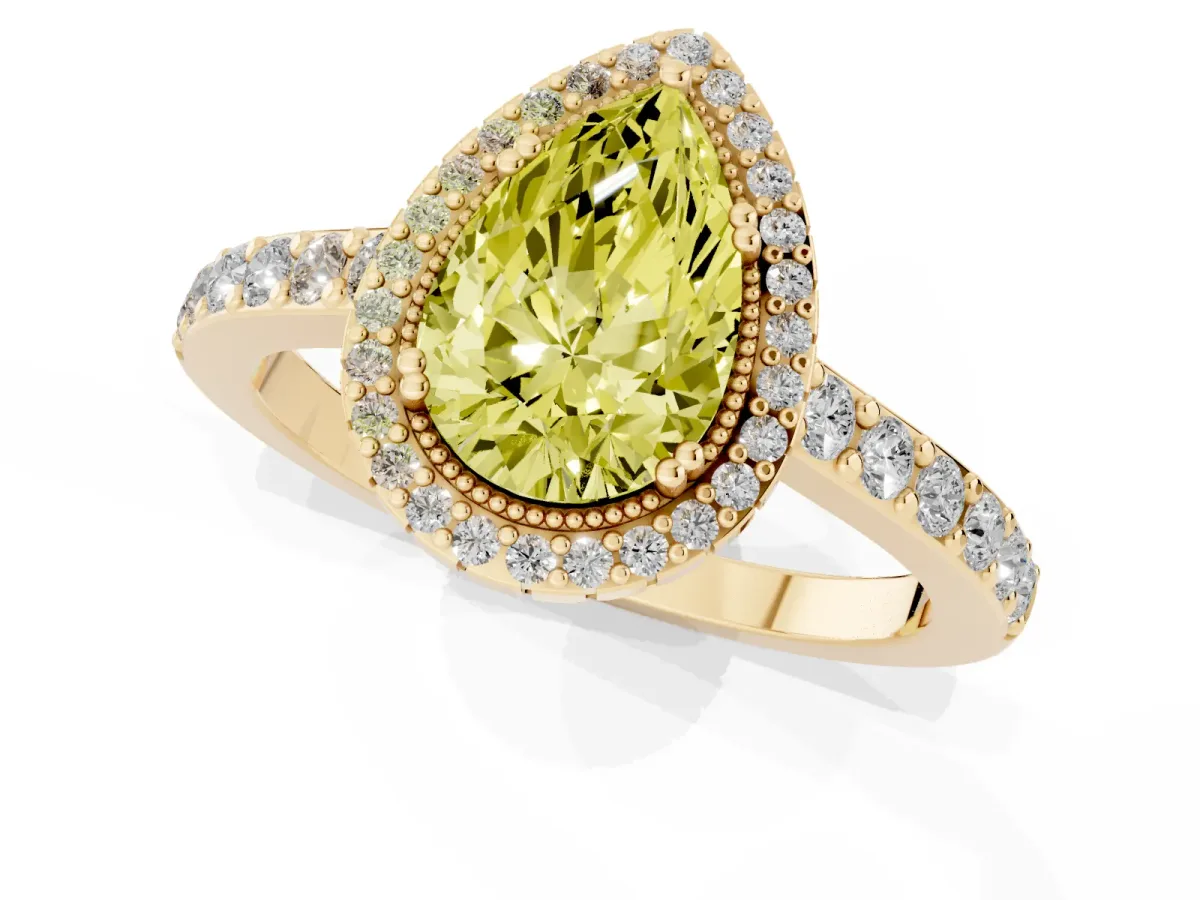 Fancy Yellow Pear Cut Cut Diamond Halo Engagement Ring with Milgrain Detail and Pavé Band Yellow gold
