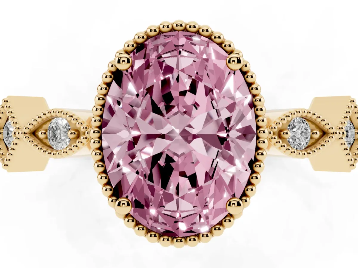 Fancy Pink Oval Cut Milgrain Marquise Diamond Twist Band Ring Yellow gold