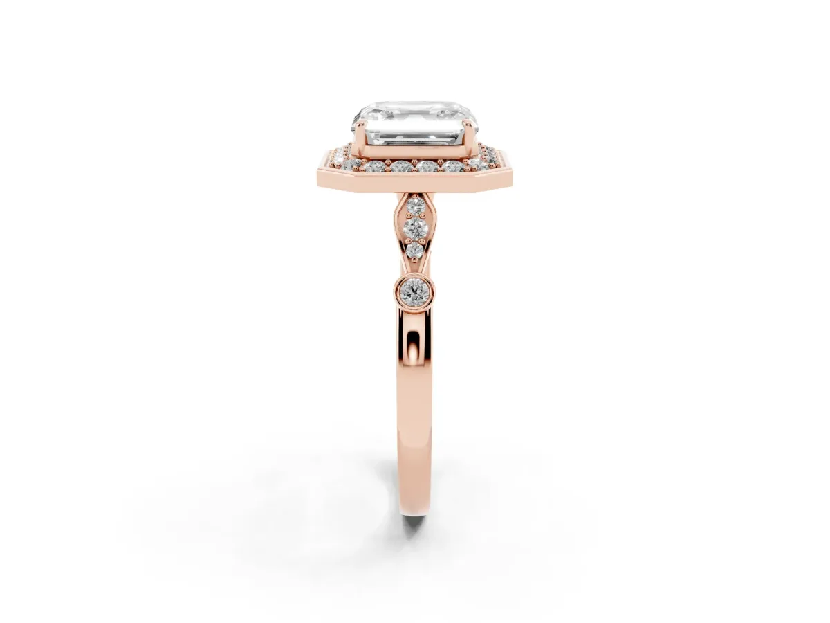 Asscher Cut Halo Diamond Engagement Ring with Twisted Band and Four-Prong Setting Rose gold