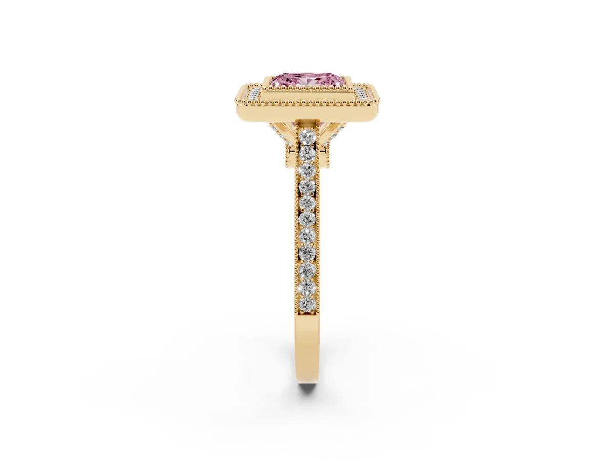 Fancy Pink Princess Cut Diamond Halo Ring with Milgrain Frame and Pavé Band Yellow gold