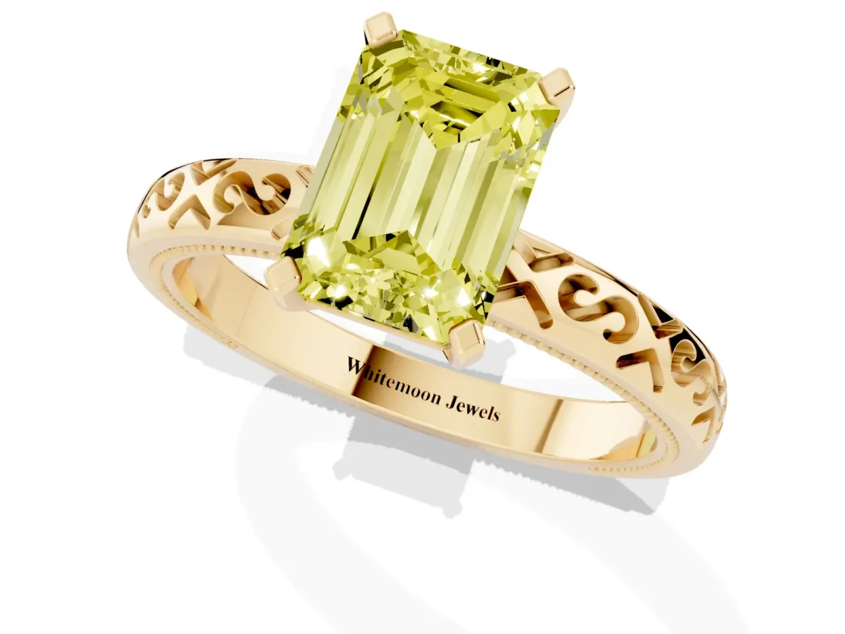 Fancy Yellow Emerald Cut Solitaire Engagement Ring with Scrollwork Band and Four-Prong Setting Yellow gold