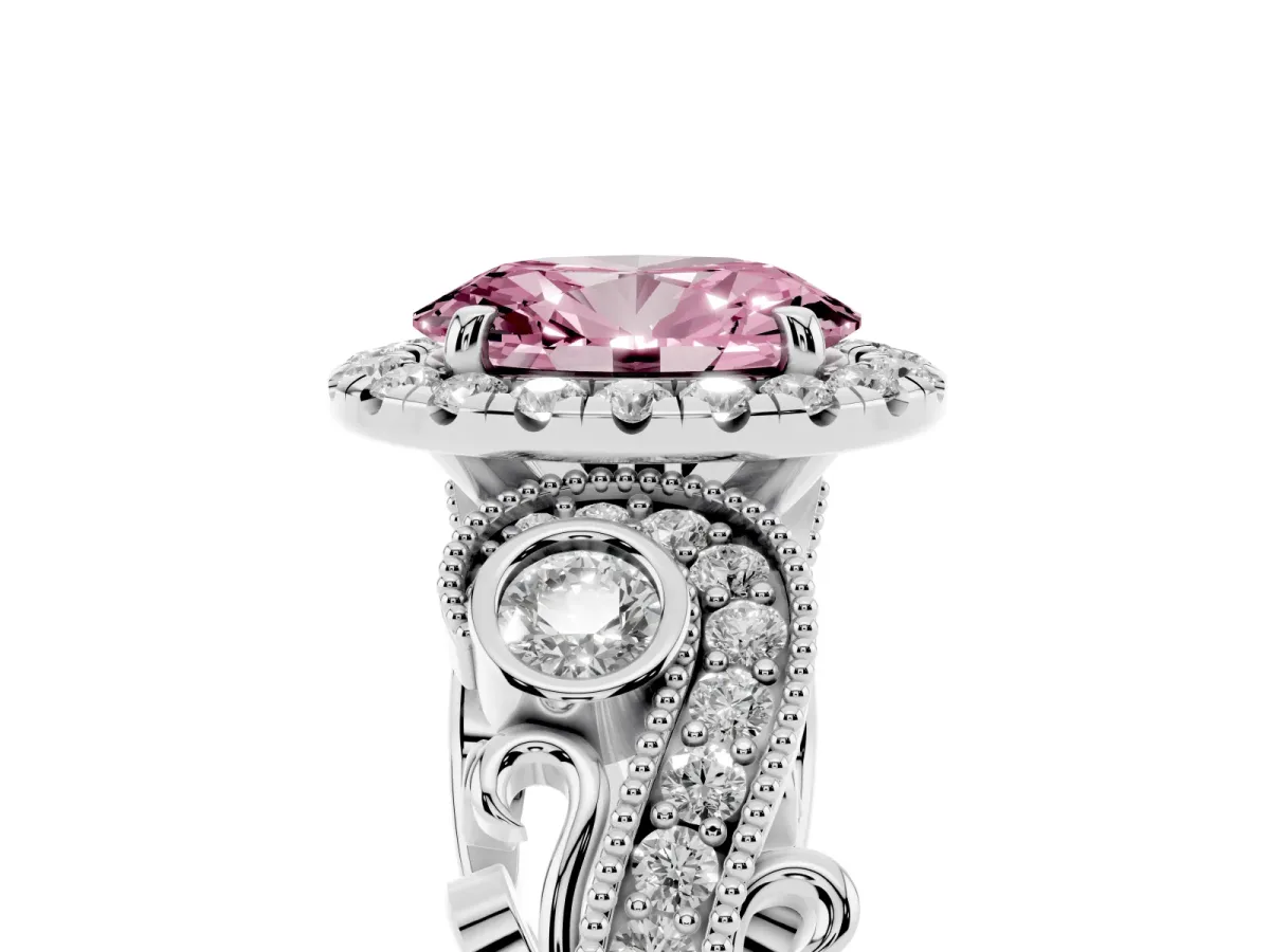 Fancy Pink Oval Cut Halo Diamond Ring with Milgrain and Bezel Accents on a Split Shank Band Silver