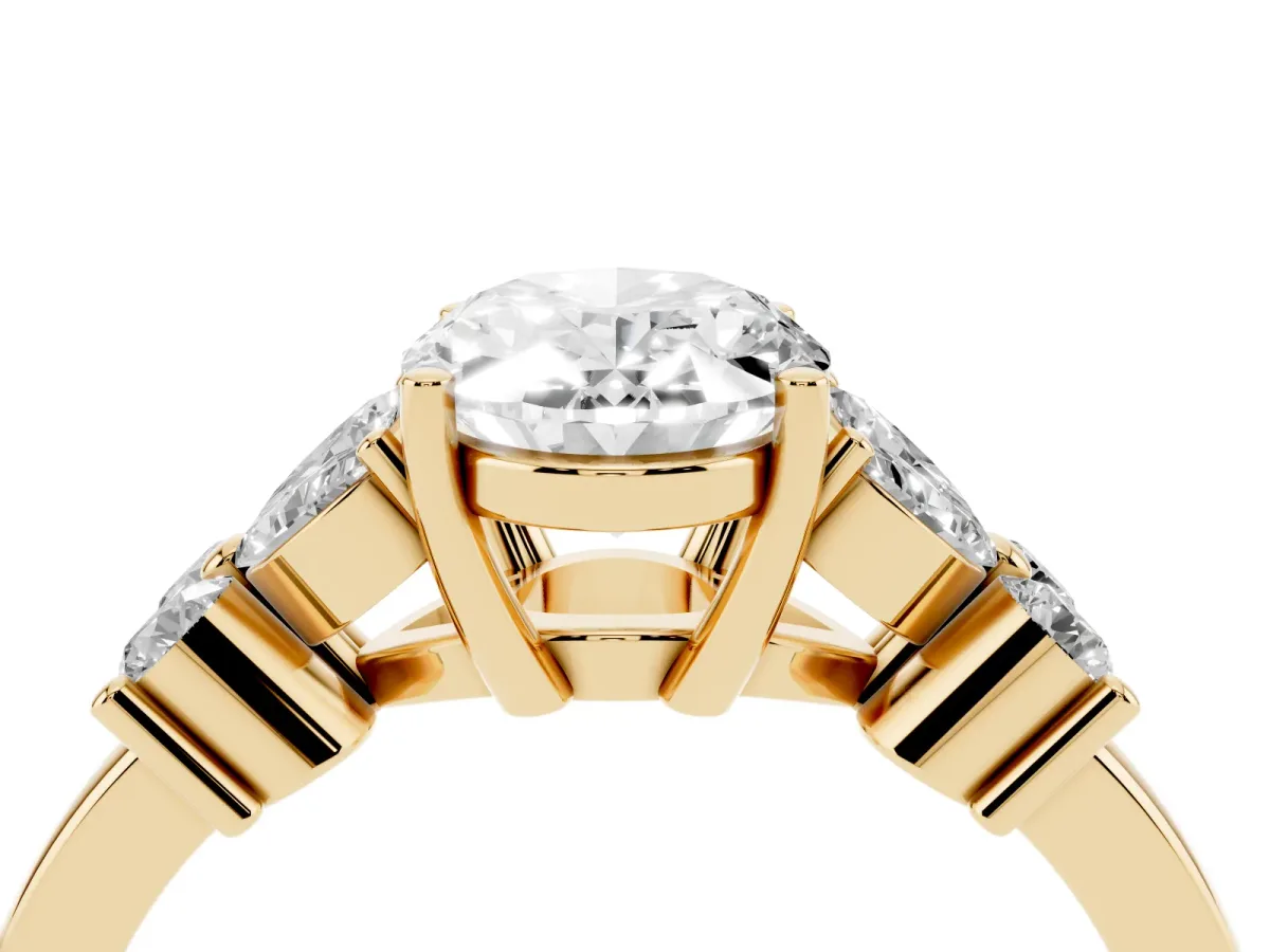 Oval Cut Diamond Floral Cluster Ring with Solitaire Band and Prong Setting Yellow gold