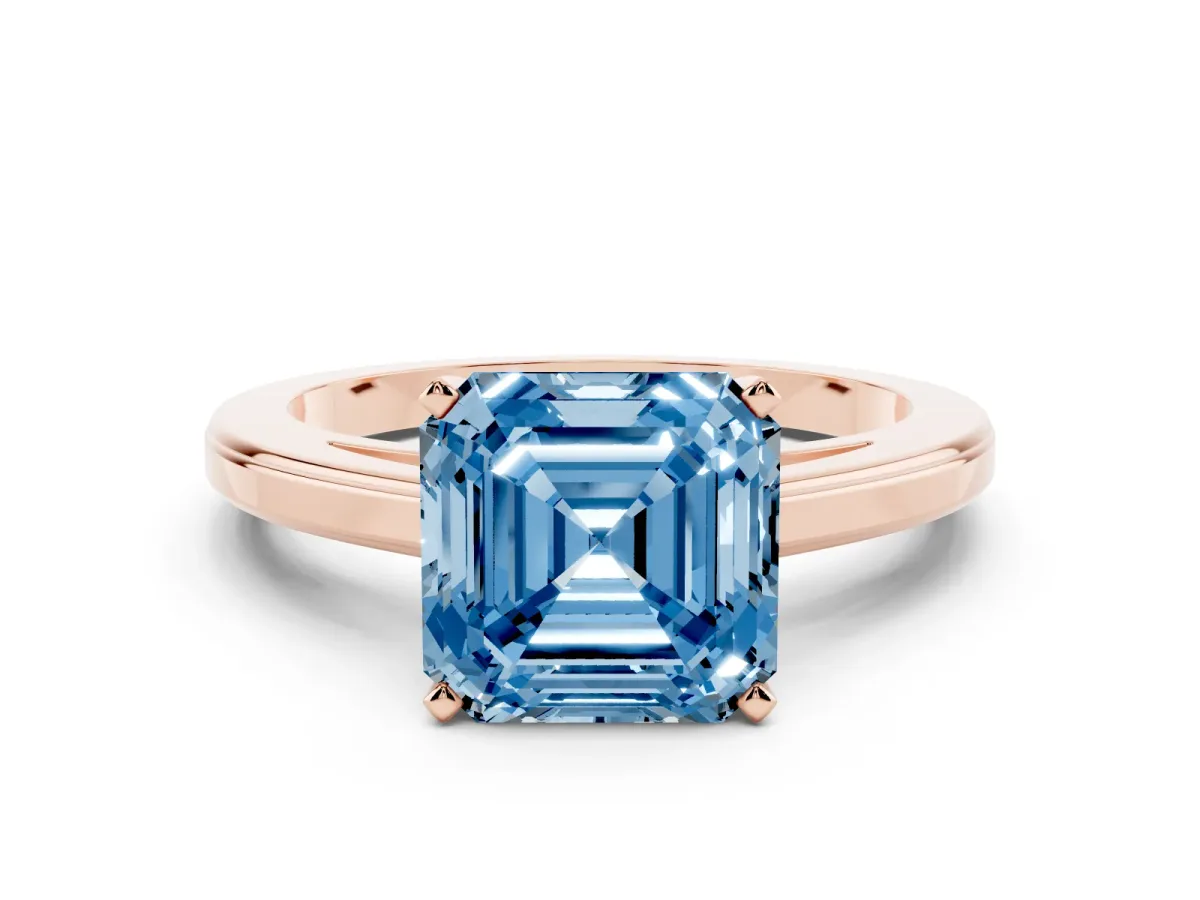 Fancy Blue Asscher Cut Solitaire Diamond Ring with Four-Prong Setting and Classic Band Rose gold