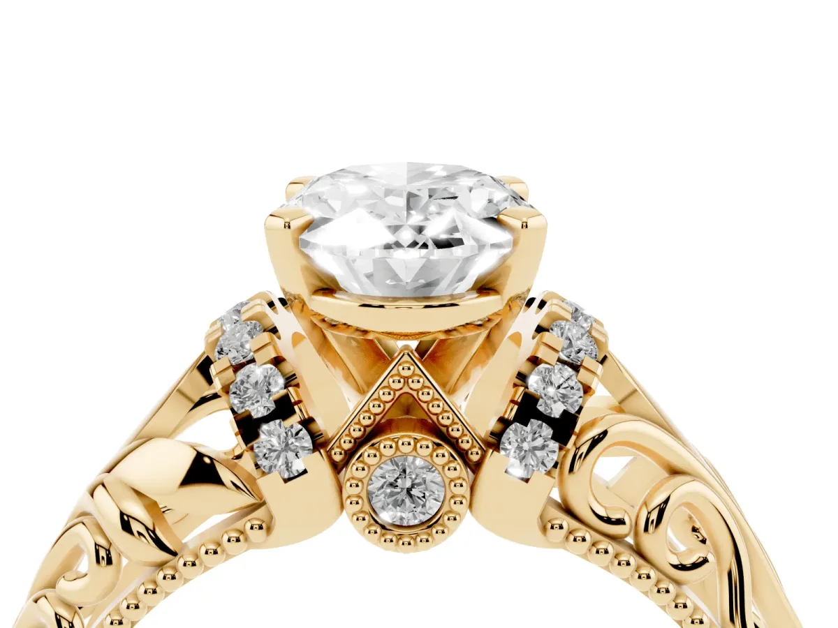 Oval Cut Solitaire Filigree Engagement Ring with Halo and Prong Setting Yellow gold