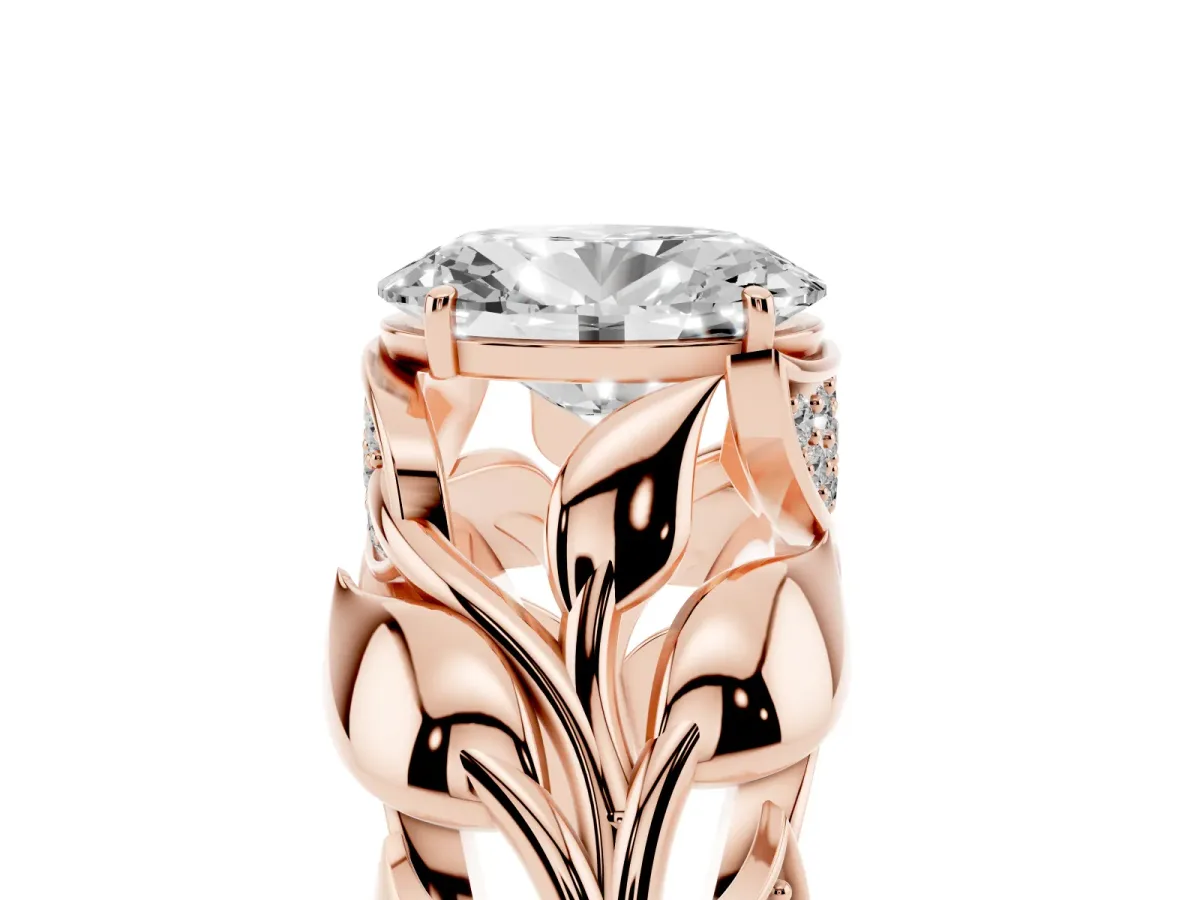 Oval Cut Diamond Leaf-Inspired Engagement Ring with Round Accents and Prong Setting Rose gold