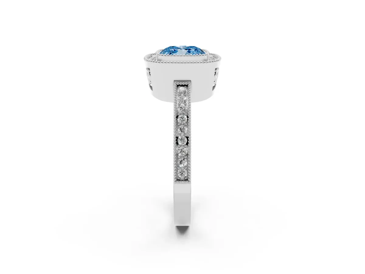 Fancy Blue Cushion Cut Cut Halo Diamond Ring with Pavé Band and Milgrain Prong Setting Platinum