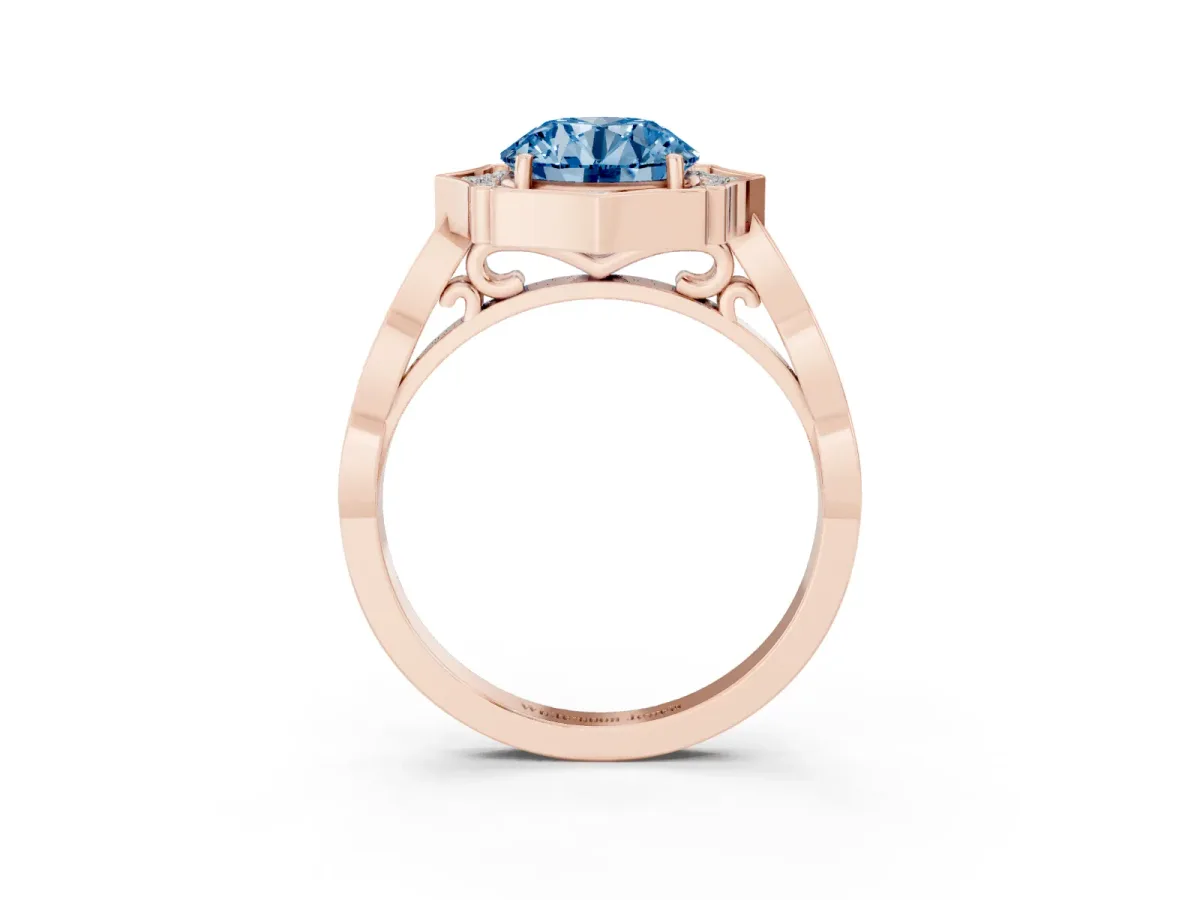 Fancy Blue Round Cut Halo Diamond Engagement Ring with Milgrain Band and Four-Prong Setting Rose gold