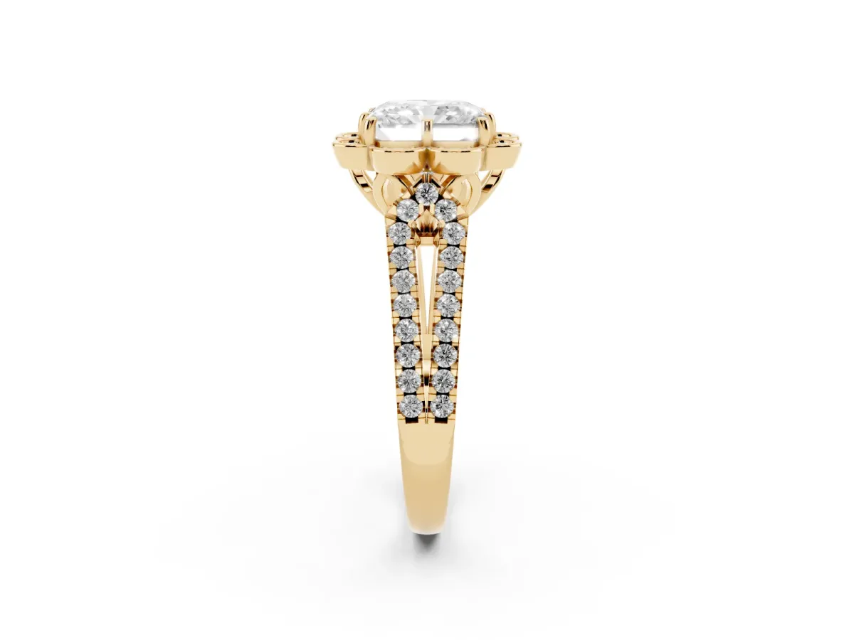 Radiant Cut Halo Diamond Floral Split Shank Engagement Ring Yellow gold