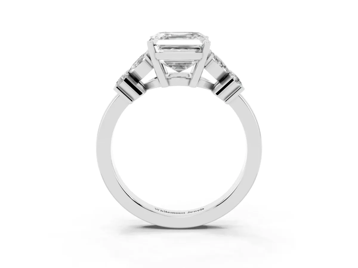 Asscher Cut Diamond Floral Cluster Ring with Solitaire Band and Prong Setting Silver