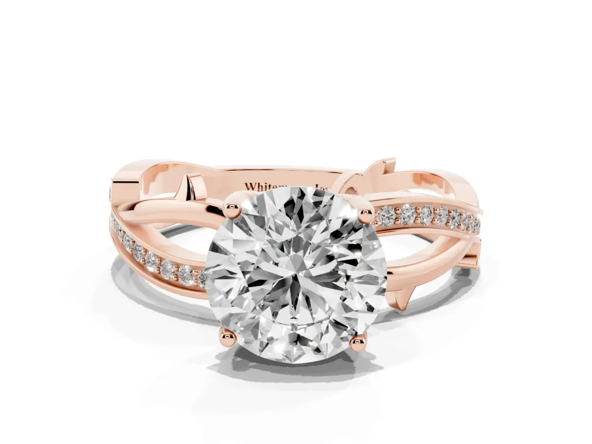 Round Cut Solitaire Twist Band with Pavé Accents and Four-Prong Setting Rose gold