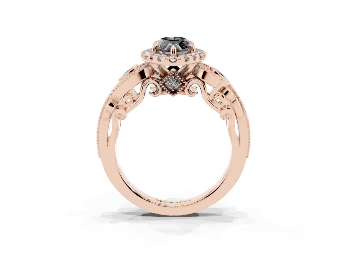 Fancy Black Marquise Cut Halo Diamond Ring with Milgrain and Bezel Accents on a Split Shank Band Rose gold