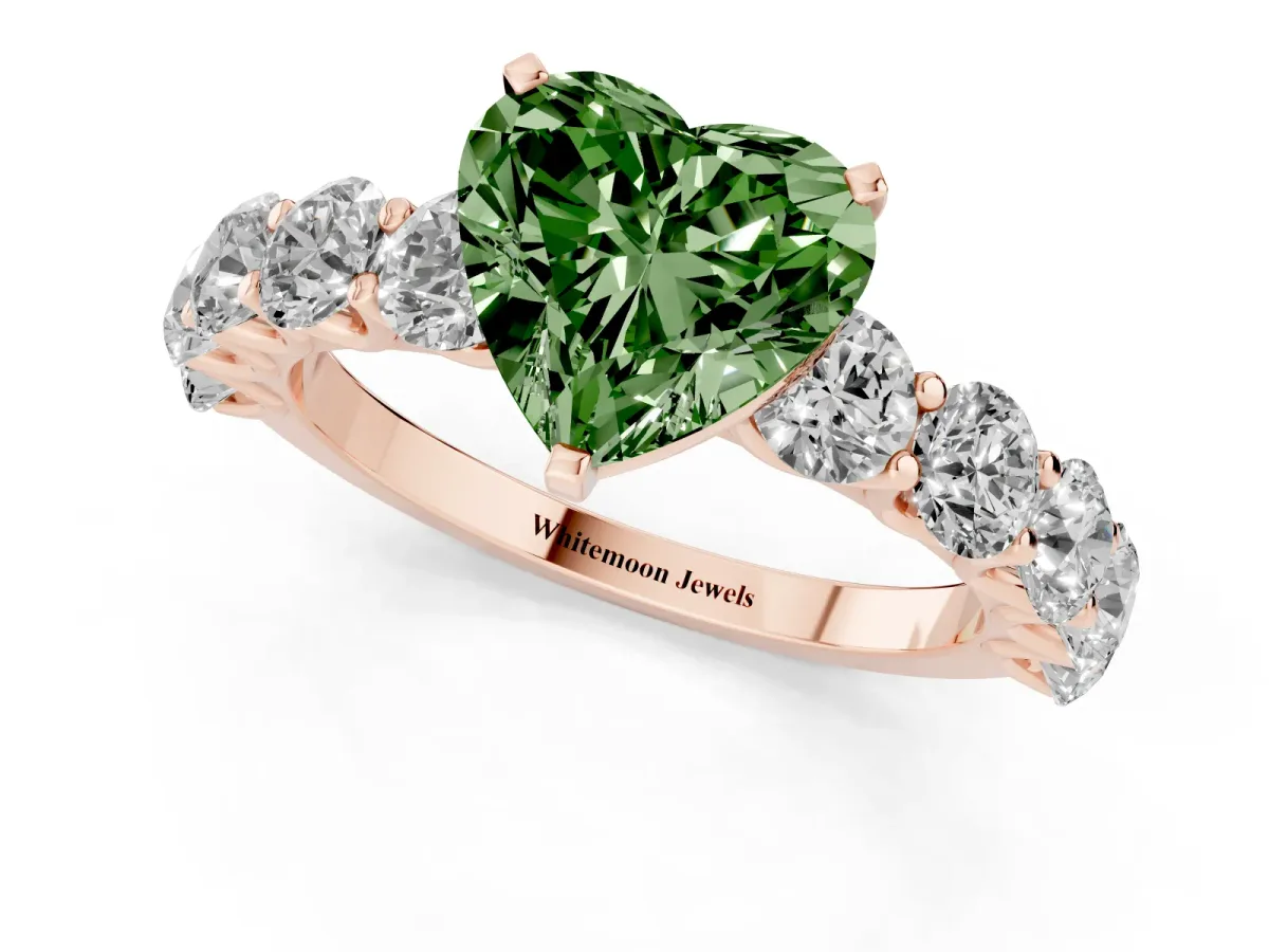 Fancy Green Heart Cut Diamond Prong Setting with Side Stones on a Pave Band Rose gold