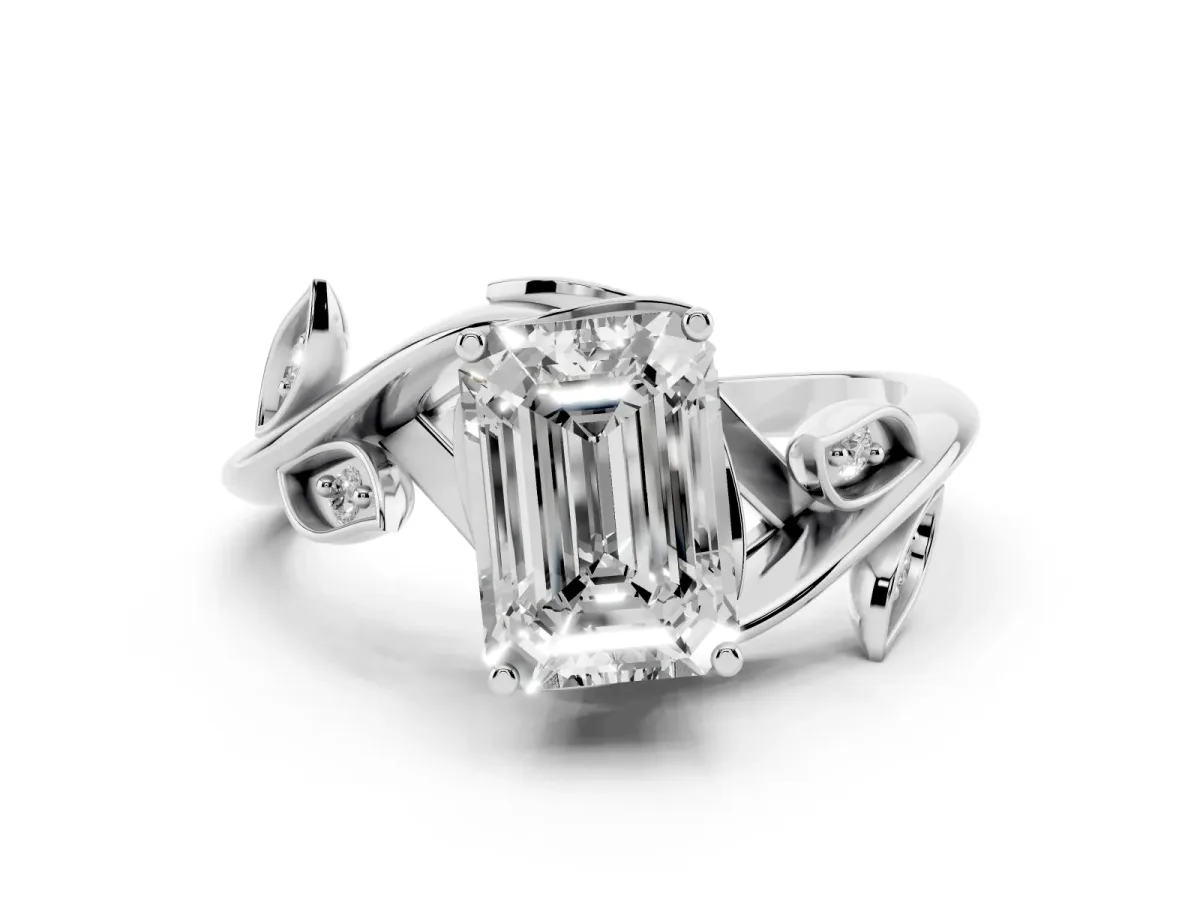 Emerald Cut Solitaire Twist Engagement Ring with Leaf Accents and Prong Setting Silver