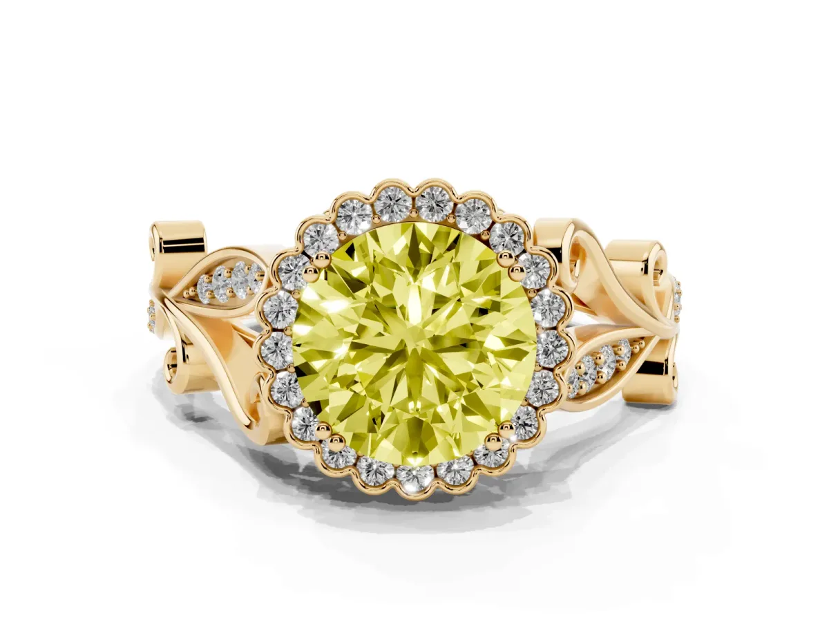Fancy Yellow Round Cut Diamond Halo Ring with Vintage Split Shank and Four-Prong Setting Yellow gold