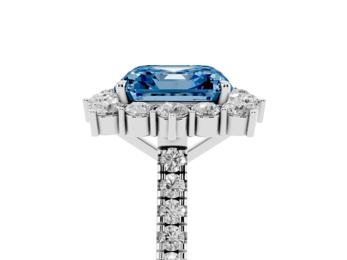 Fancy Blue Asscher Cut Halo Diamond Ring with Pavé Band and Prong Setting Silver