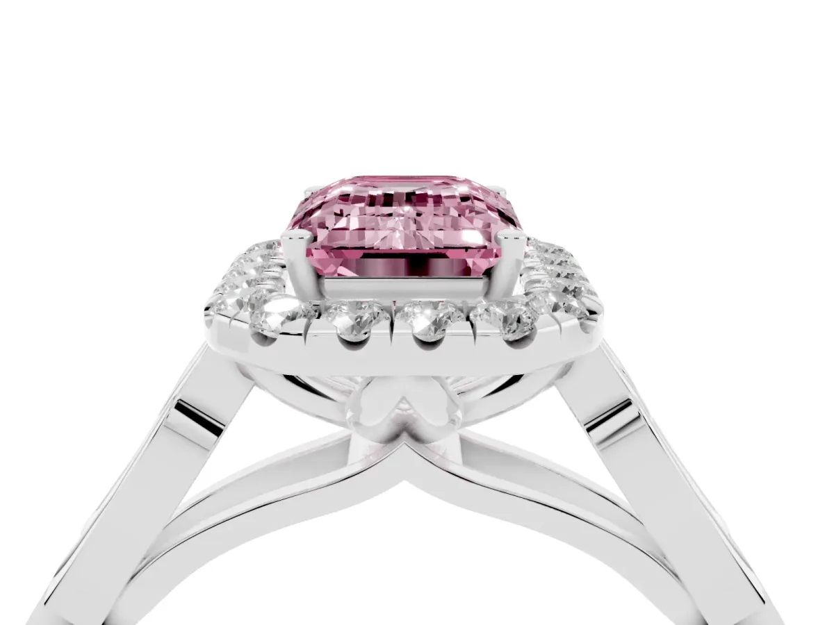 Fancy Pink Emerald Cut Halo Diamond Engagement Ring with Filigree Band and Four-Prong Setting Platinum