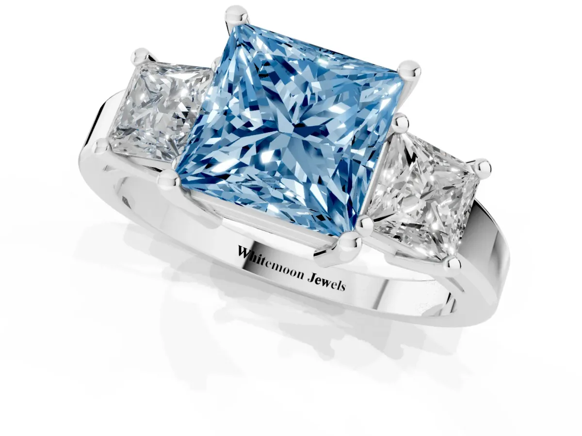 Fancy Blue Three-Stone Princess Cut Cut Solitaire Ring with Prong Setting White gold