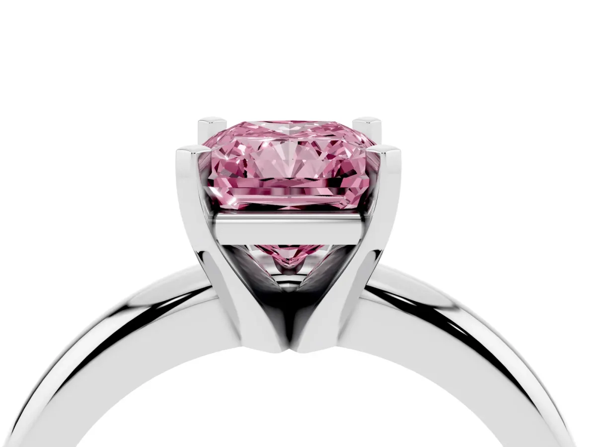 Fancy Pink Radiant Cut Diamond Solitaire Engagement Ring with Round Band and Four-Prong Setting White gold
