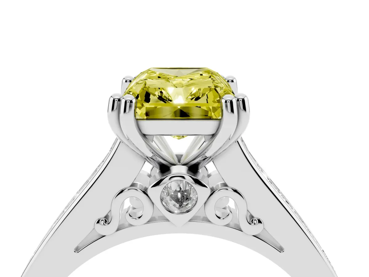 Fancy Yellow Radiant Cut Cut Channel Set Solitaire Engagement Ring with Prong Setting Silver
