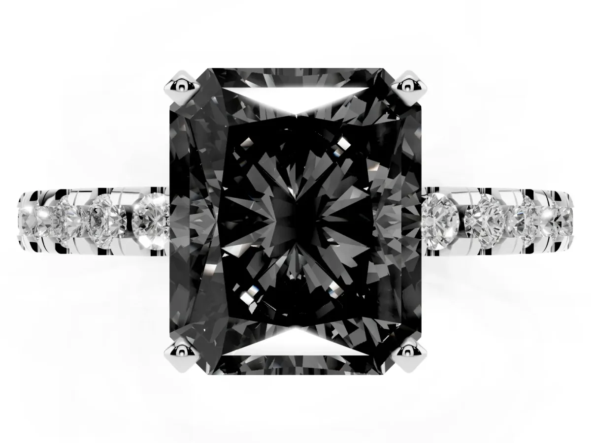 Fancy Black Radiant Cut Diamond Solitaire Ring with Round Pavé Band and Four-Prong Setting Silver