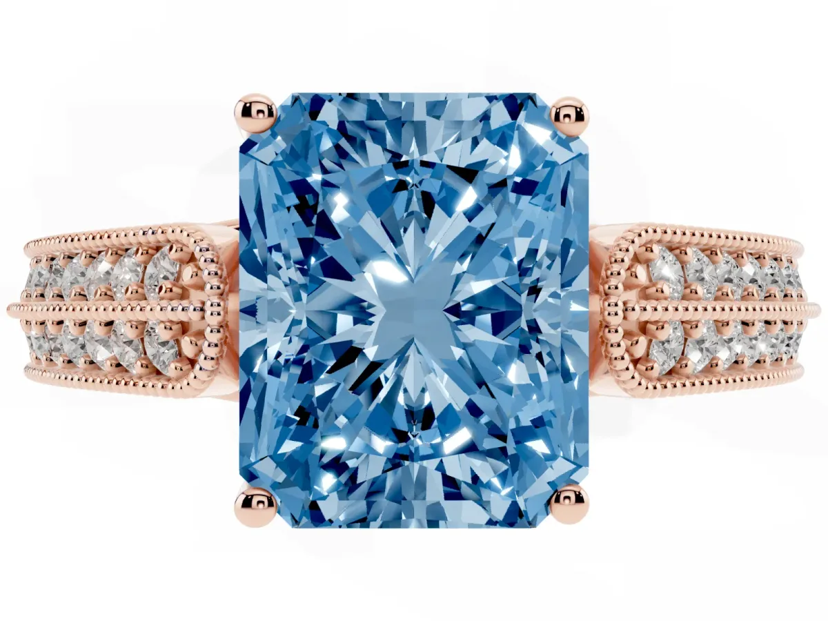 Fancy Blue Radiant Cut Cut Pave Split Shank Engagement Ring with Four-Prong Setting Rose gold