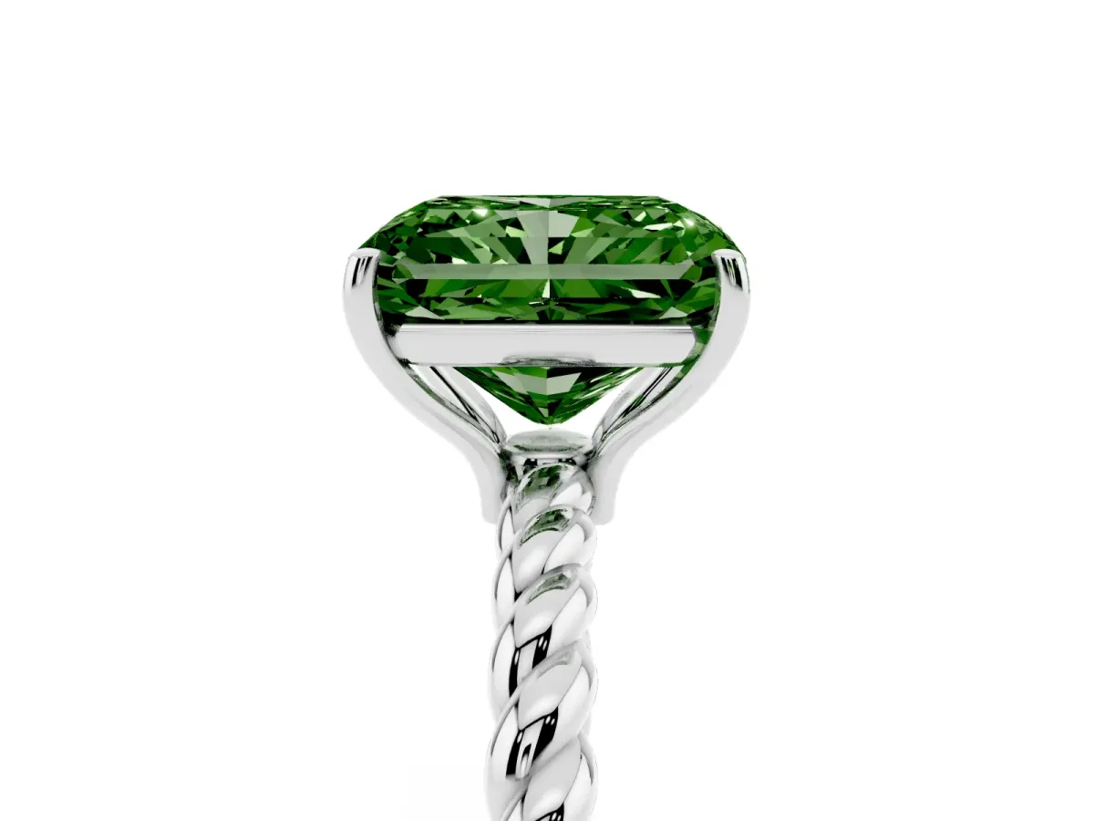 Fancy Green Radiant Cut Solitaire Twist Band Ring with Four-Prong Setting Silver