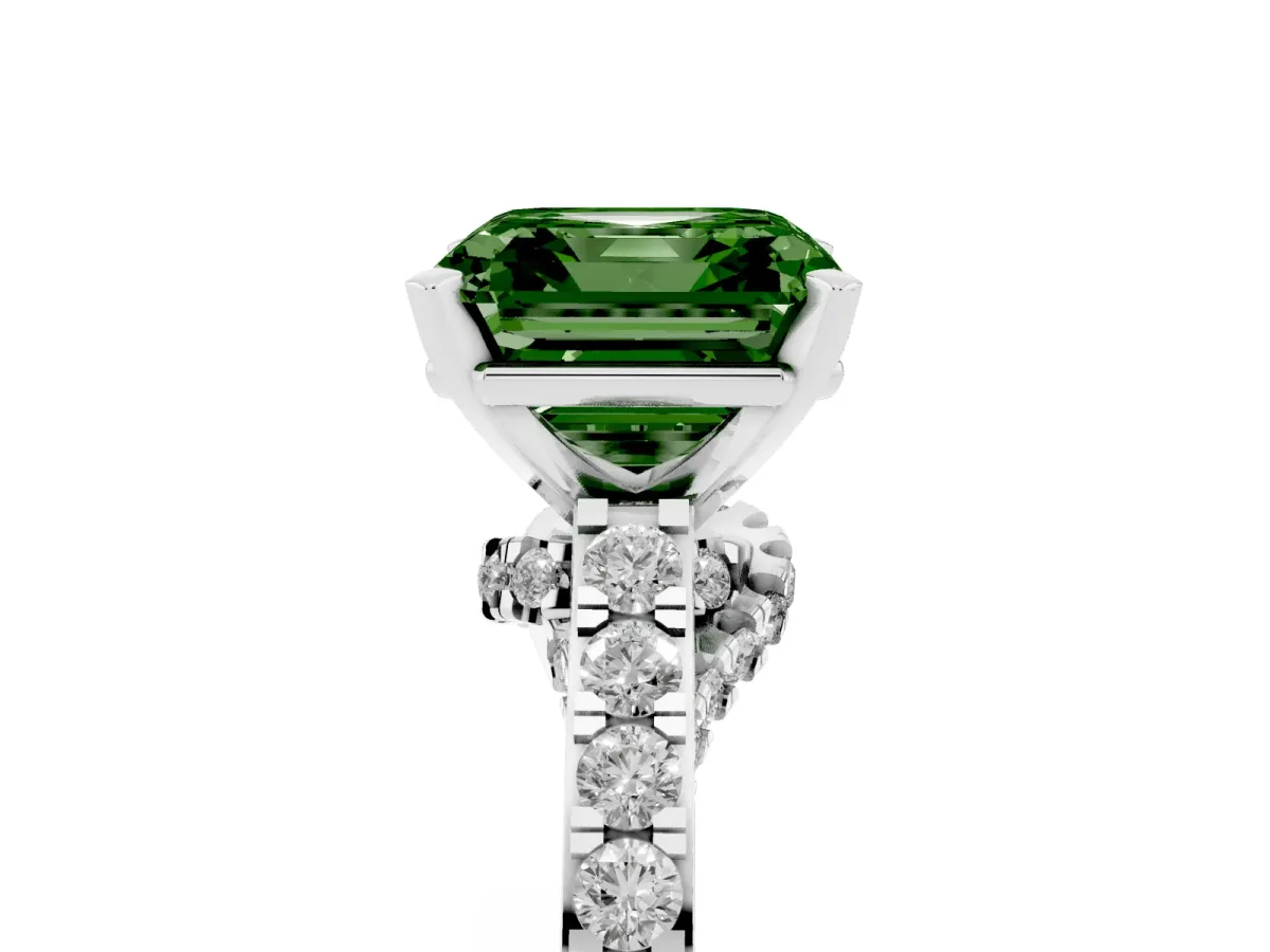 Fancy Green Asscher Cut Diamond Solitaire Ring with Crossover Gallery and Round Pavé Band White gold