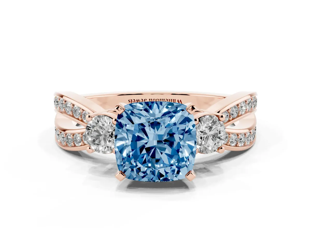 Fancy Blue Three-Stone Cushion Cut Cut Diamond Twist Band with Prong Setting Rose gold