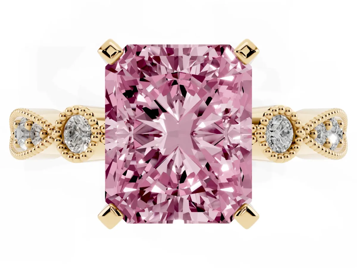 Fancy Pink Radiant Cut Milgrain Bezel Diamond Engagement Ring with Solitaire Prong Setting Yellow gold
