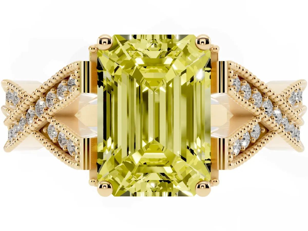 Fancy Yellow Emerald Cut Cut Diamond Twisted Band with Milgrain Pave Setting and Four-Prong Setting Yellow gold