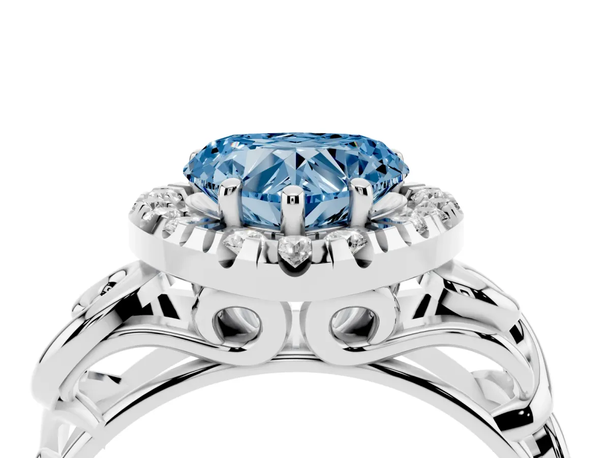 Fancy Blue Heart Cut Cut Halo Diamond Ring with Scrollwork Band and Four-Prong Setting Platinum