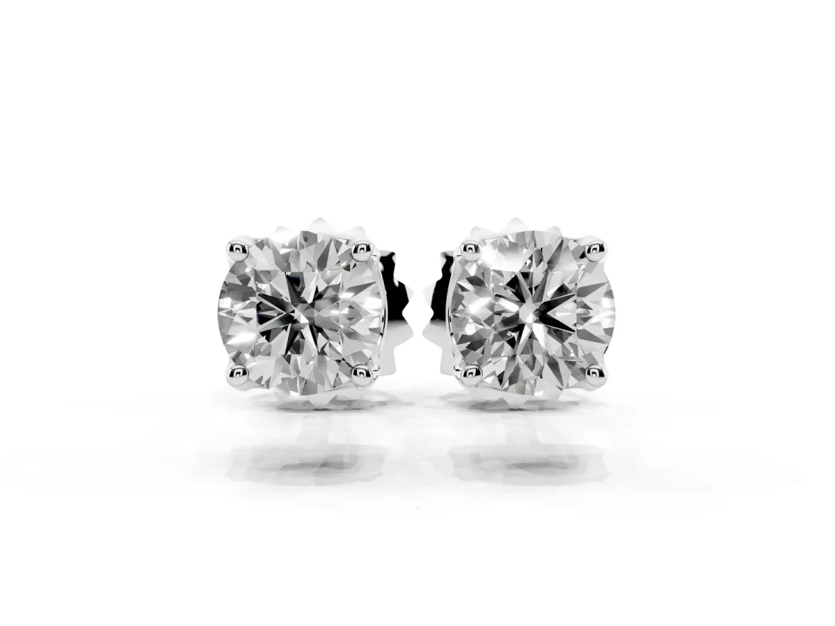 Round Solitaire Diamond Stud Earrings with Four-Prong Basket Setting Silver