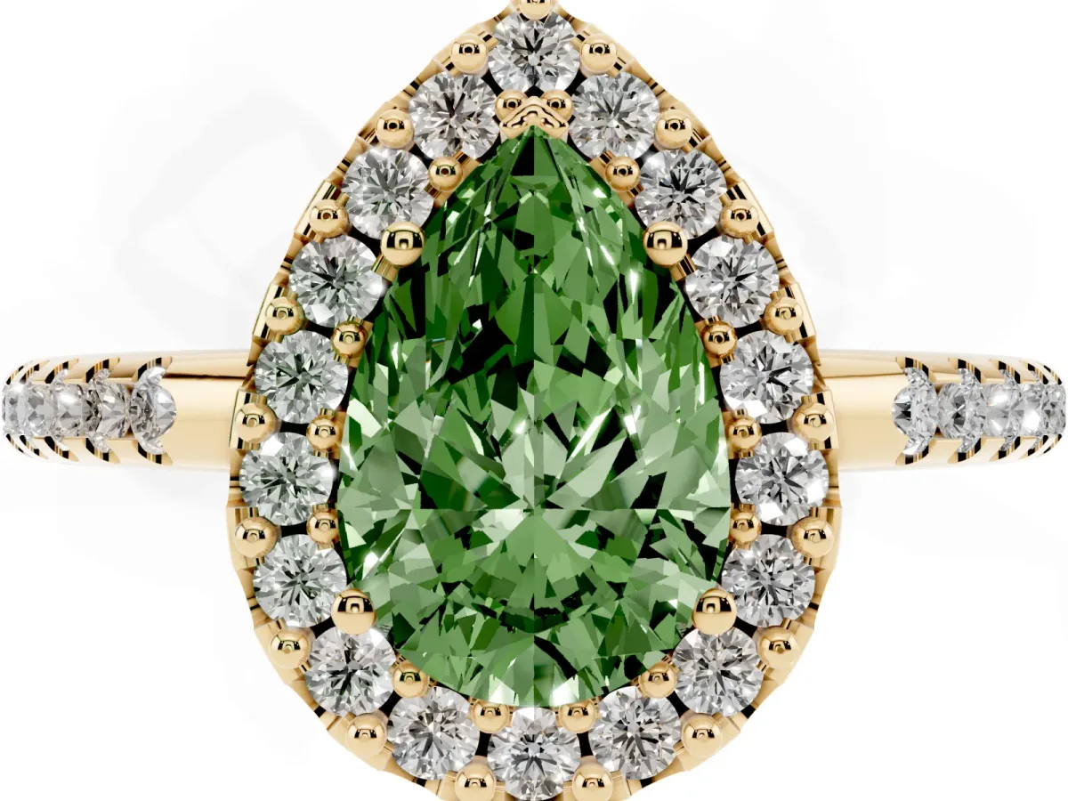 Fancy Green Pear Cut Diamond Pavé Halo Ring with Four-Prong Setting Yellow gold