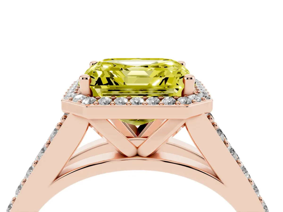 Fancy Yellow Asscher Cut Diamond Split Shank Halo Ring with Four-Prong Setting Rose gold